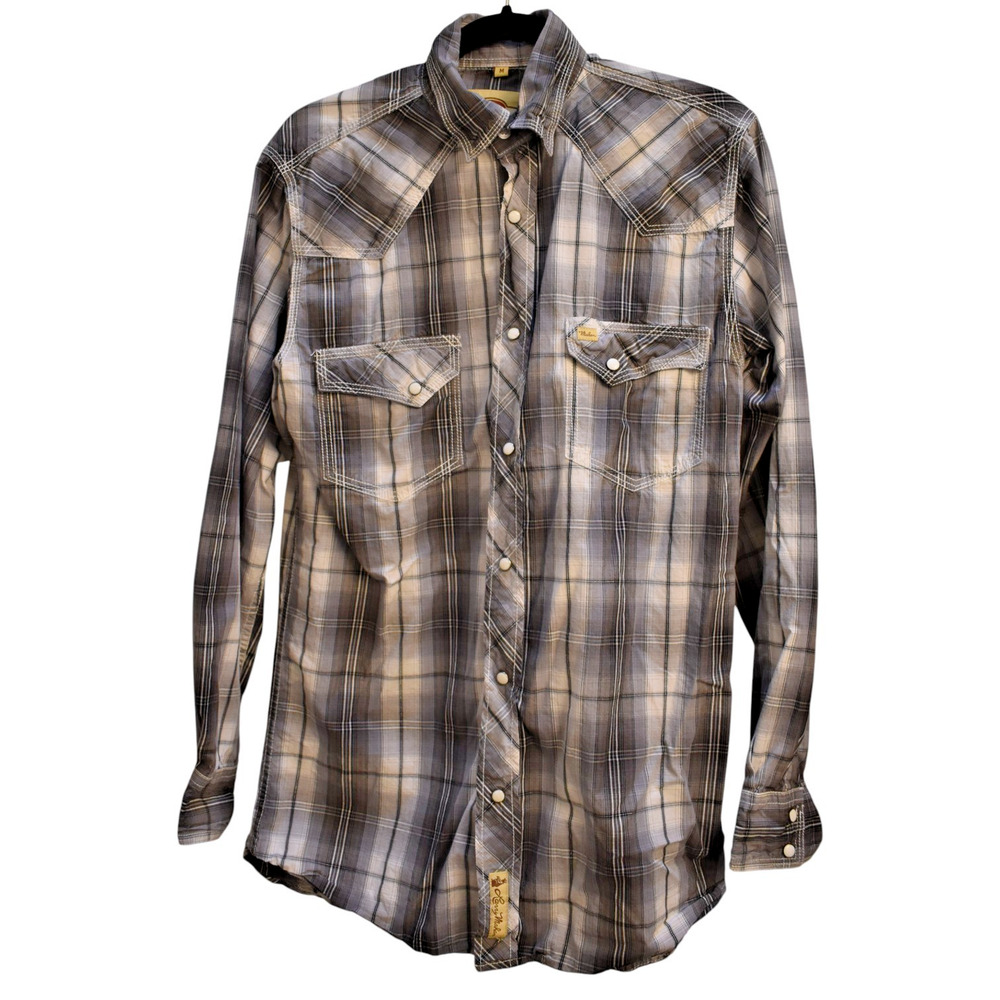 LARRY MAHAN Cowboy Shirt Gray + Metallic Plaid Pearl Snap Long Sleeve Mens Med